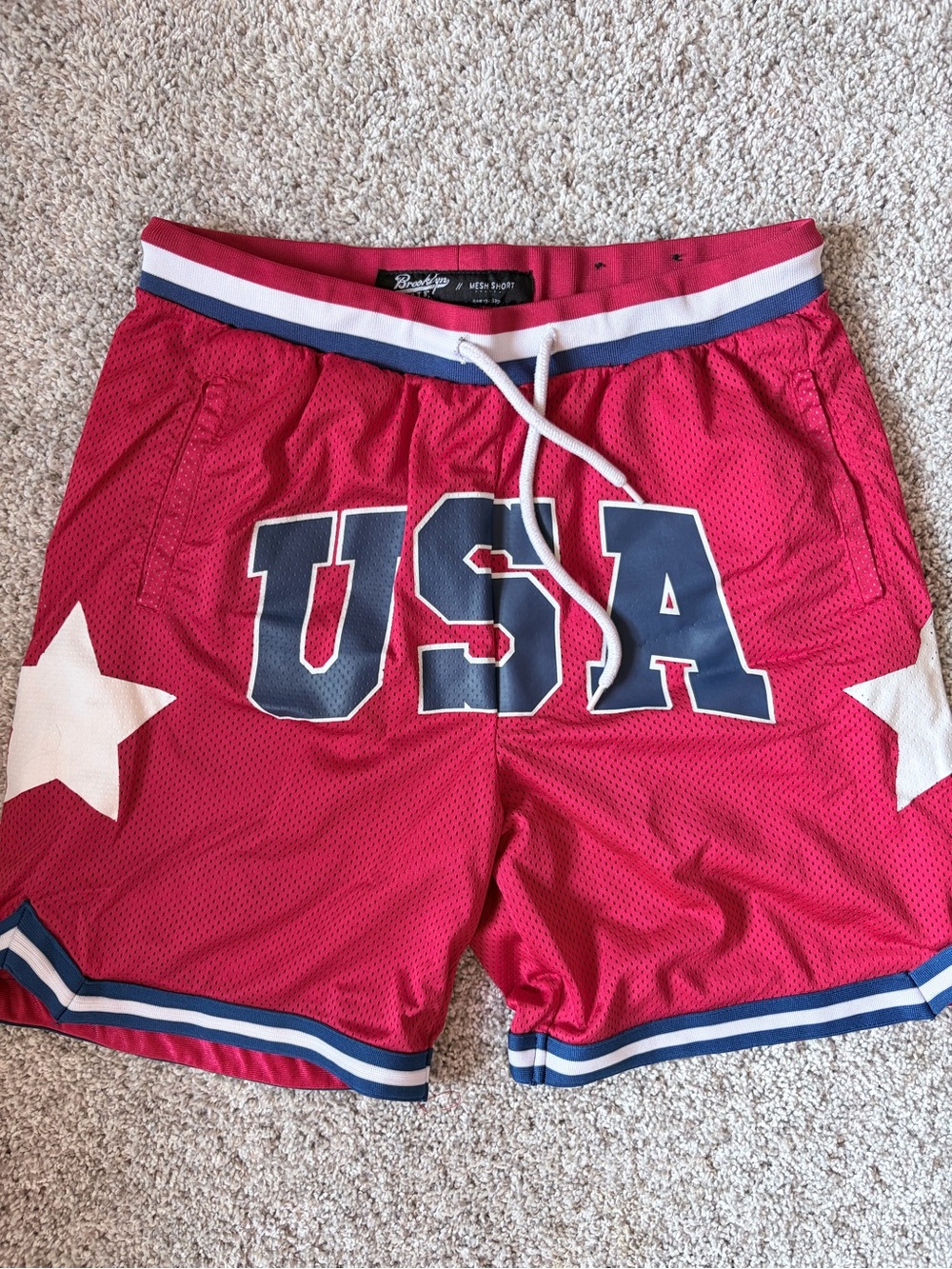 Brooklyn Cloth Red USA Athletic Mesh Shorts with Navy & White Trim
